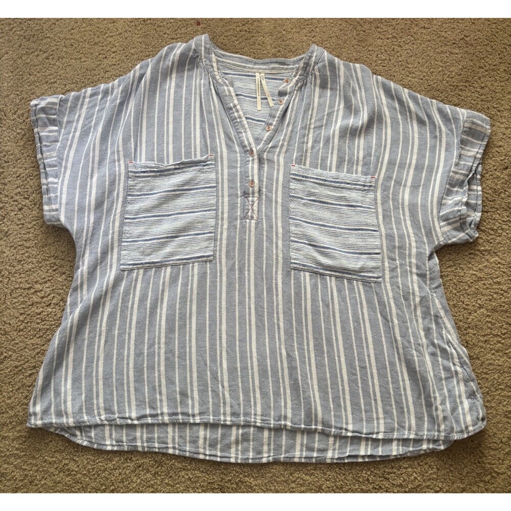 Anthropologie Top Women's Small Blue Striped Oversized V-Neck Boho